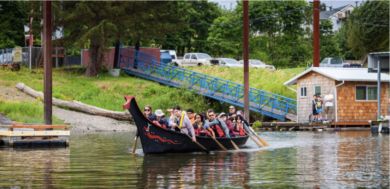 Students in Native American Literature learn to paddle a 15-foot Canoe from Ridgefield boat launch guided by Chinook Tribal Chair Tony Johnson. 